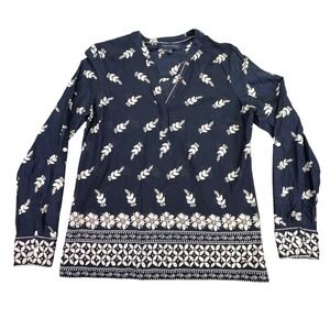 Tommy Hilfiger Shirt Women's XS Blouse Paisley Floral Navy Blue Long Sleeve